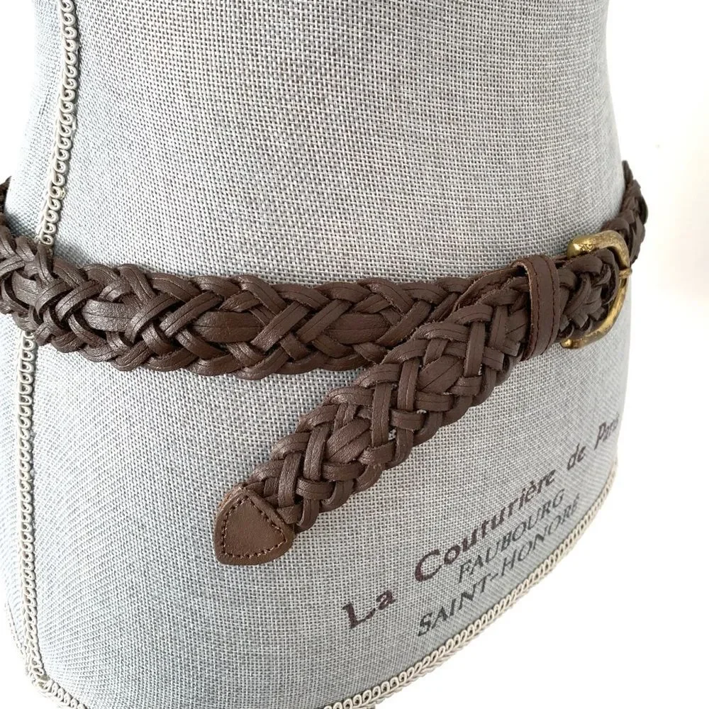 Vintage Brown Braided Leather Belt Gold Tone Buckle Sz M/L Boho Western Preppy